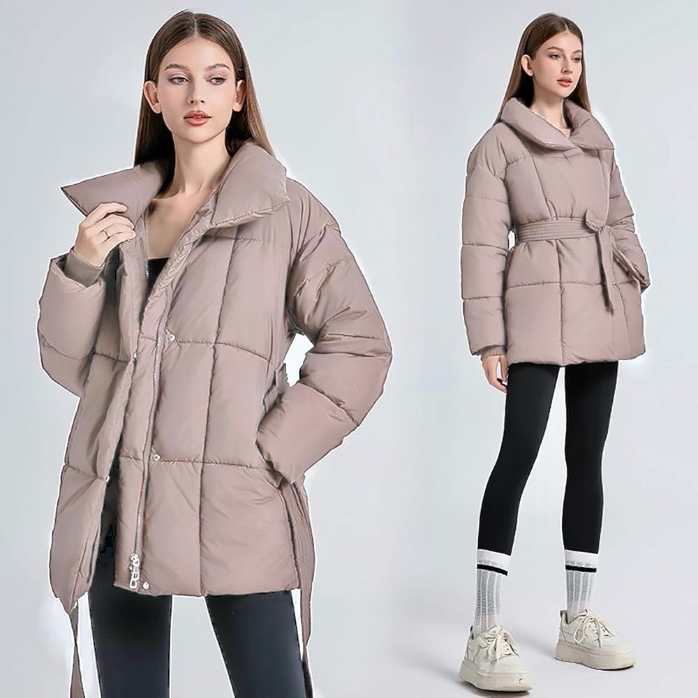 Taupe tie belt belted puffer jacket coat - Picture 3 of 4
